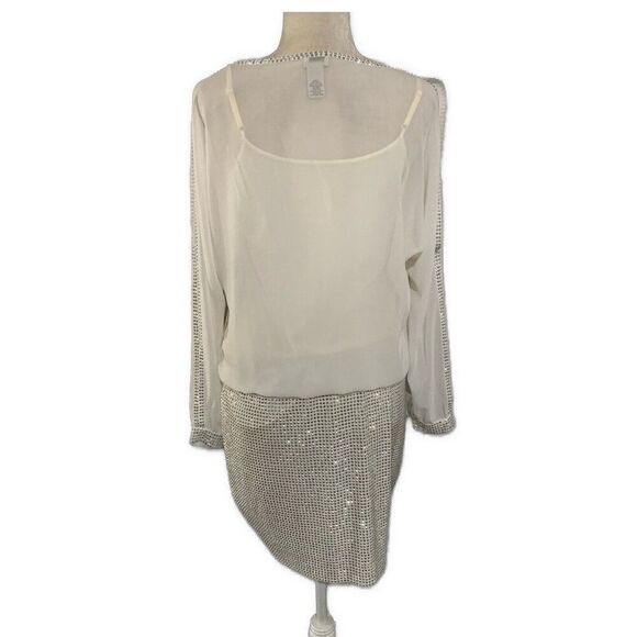 Cache New Vintage White Long Sleeve Silver Rhinestone Knee Length Dress 6 Small - Picture 2 of 5